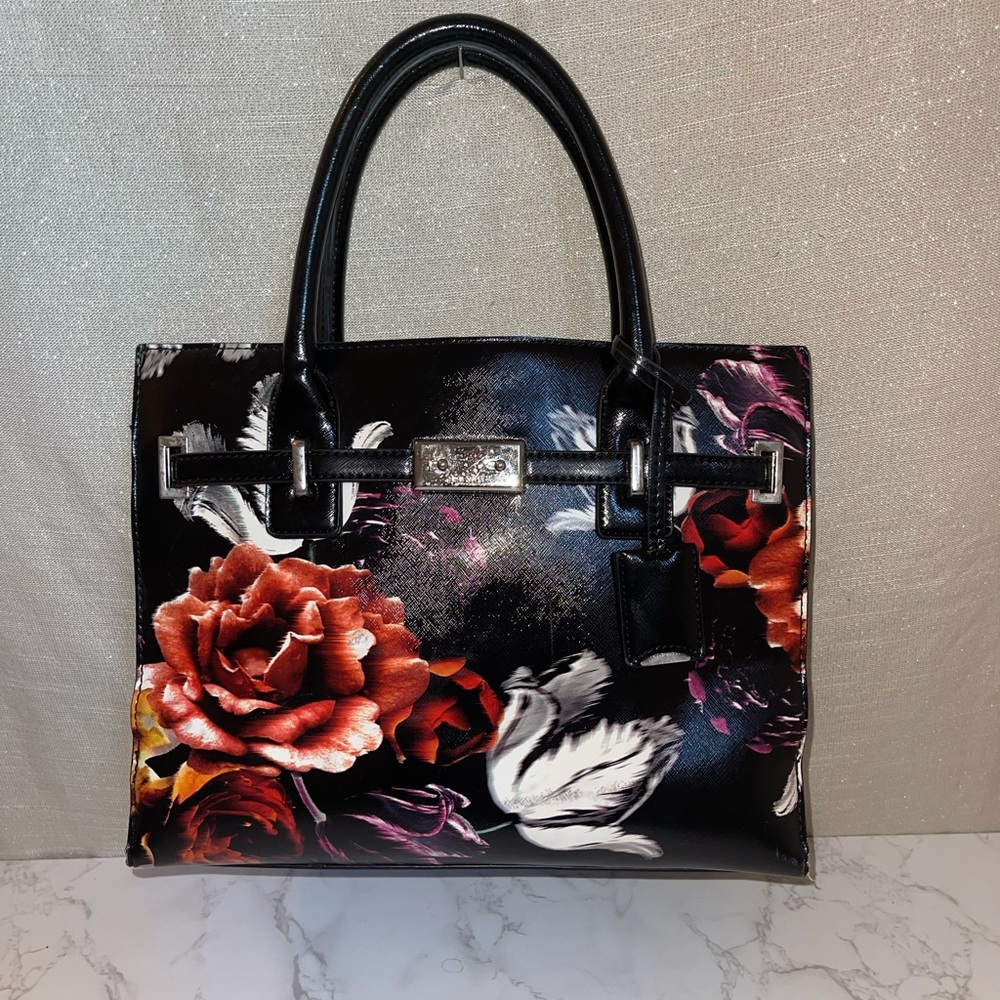 Floral Patent Leather Satchel Handbag - Black with Red & White Floral Print
